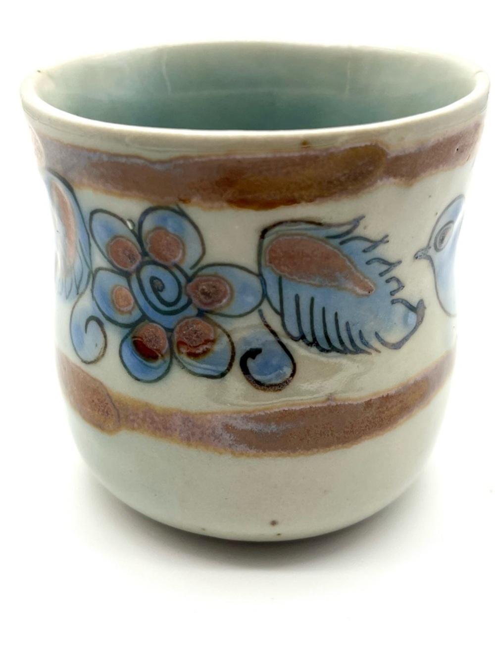 KEN EDWARDS Mexican TONALA POTTERY Stoneware- Flat Cup-Signed-El Palomar Blue Sm - Picture 6 of 8